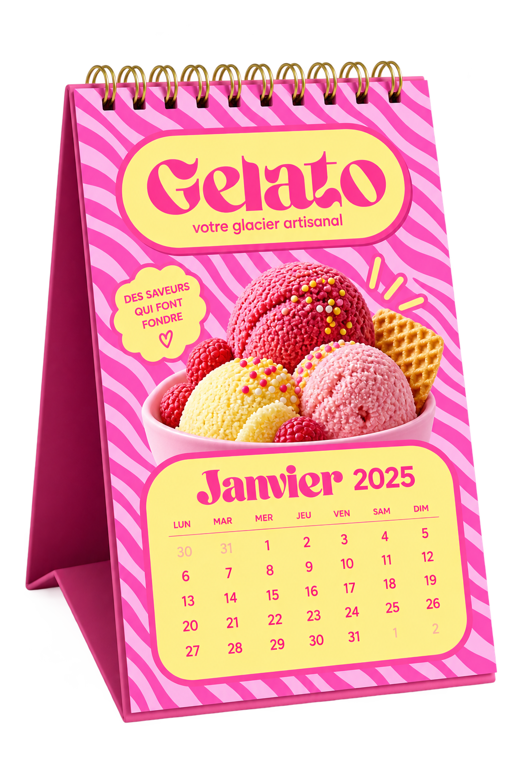 Calendrier de bureau à spirale métallique – impression recto/verso – format international 210 × 148 mm – paysage